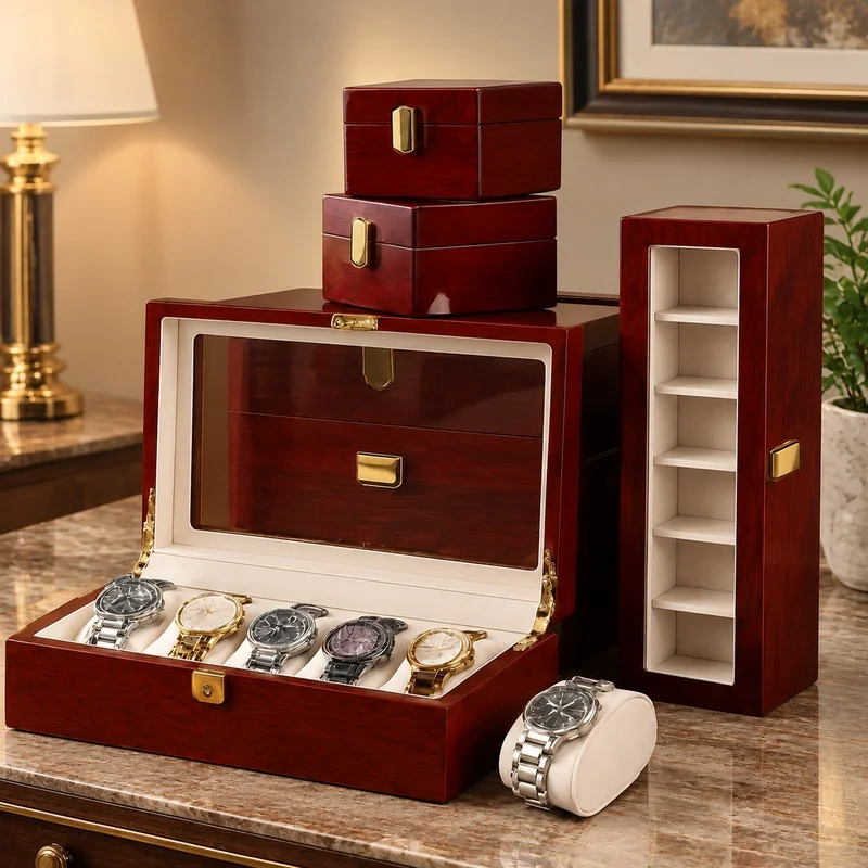 Wooden Jewelry and Watch Organizer with Multiple Compartments, 1-12 Slot Storage Box for Men and Women