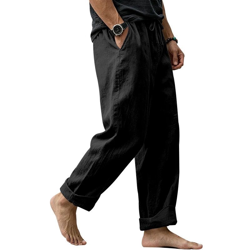 Sommerliche Herren-Leinenhose, Lässige Hawaiian-Hose mit Elastischem Kordelzug, Atmungsaktive Gerade Lange Hose mit Taschen für Alltag und Zuhause – Detail 15
