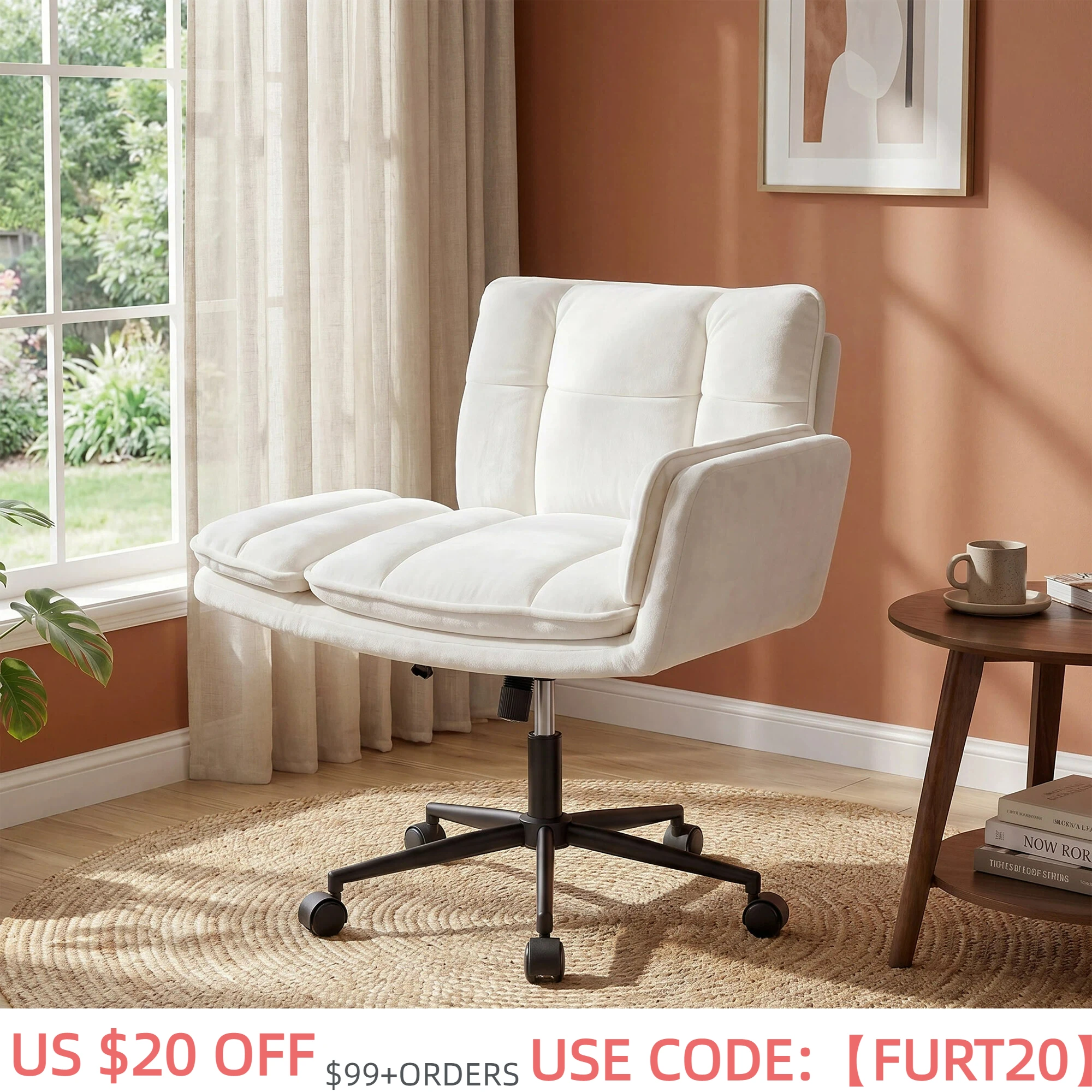 Cross Legged Office Chair, 5-Position Flip-Up Armrest, 95°-120° Reclining Swivel Computer Desk Chair, Height Adjustable Rolling Vanity Chair for Home Office Bedroom Makeup