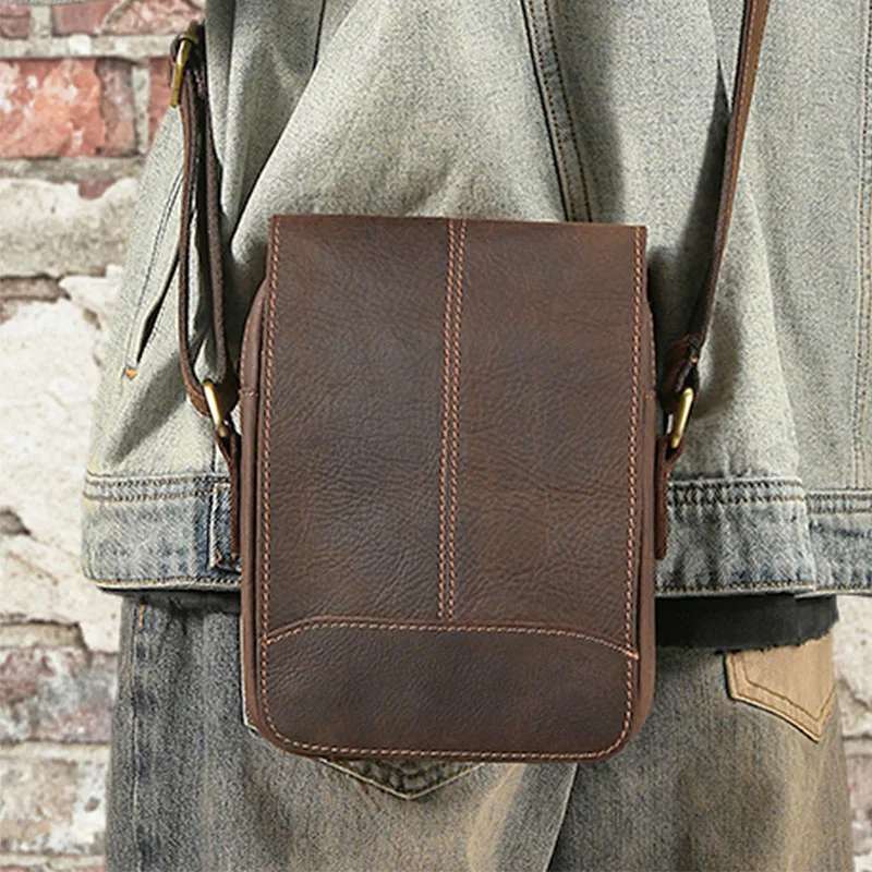 Genuine Crazy Horse Leather Cowhide Small Crossbody Bag Men Retro Vertical Shoulder Messenger Purse Slim Sling Handbag Phone Bag