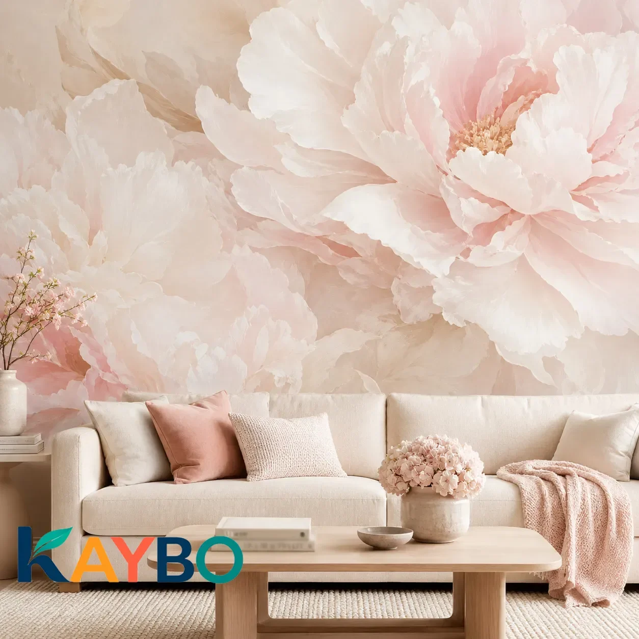 Pink Peony Flower Wall Mural Wallpaper, Soft Watercolor Floral Living Room Sofa Background Decor, Paste Required