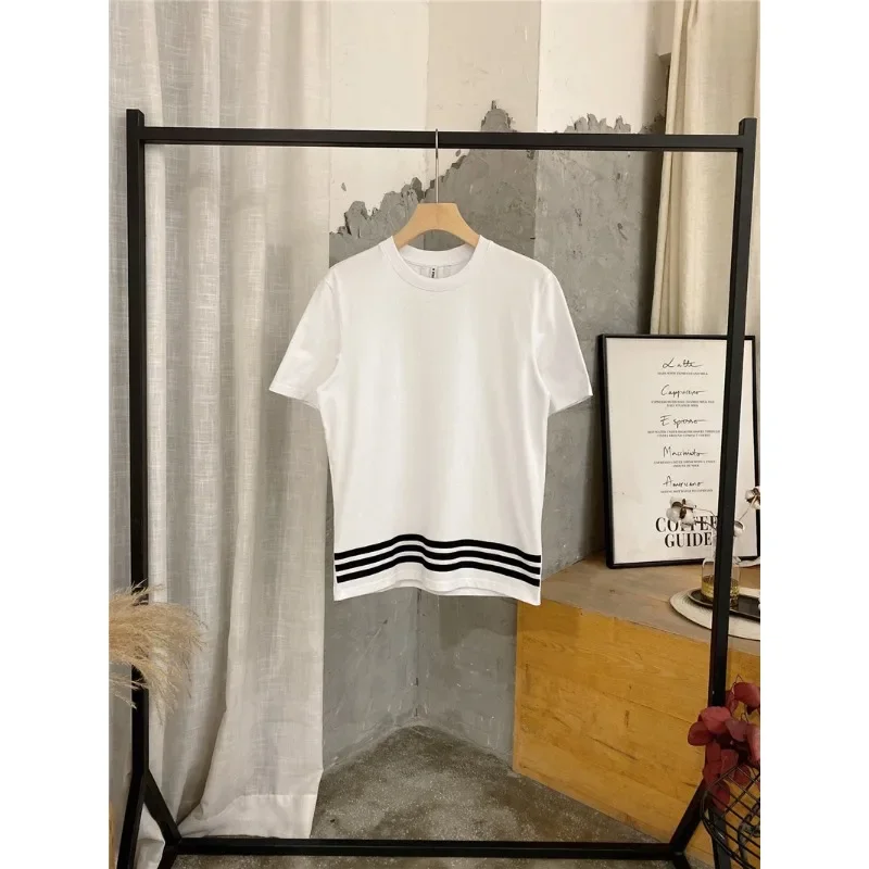 Color contrast stripes couples pure cotton bottom half sleeve loose round neck short sleeve T-shirt men and women alike