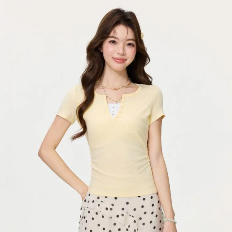 

Yellow Semi Open Collar Fake Two Lace Shoulder Short Sleeved T-Shirt for Women 2026 Spring Summer New Slim Fit Pleated Top