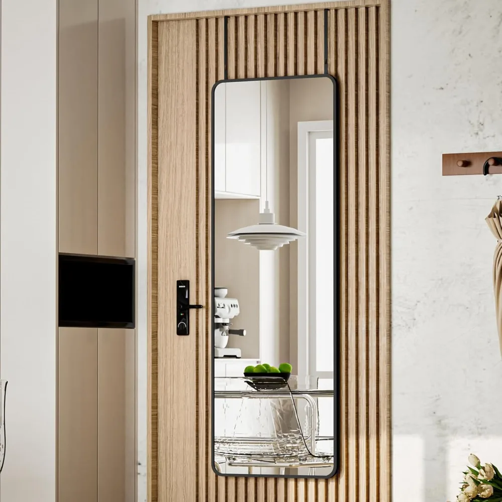 Full-Length Aluminum Framed Door Mirror with Adjustable Hangers for Hanging, Suitable for Home and Gym Use