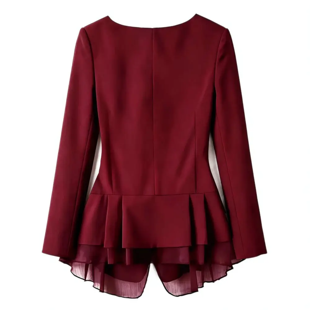 Womens Blazer Slim Fit Ruffled Mesh Design Jacket Autumn Elegant Fashion Long Sleeve Office Professional Business Coat
