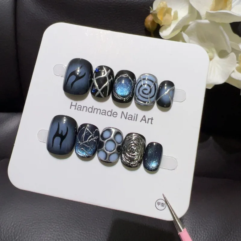10PCS Dark Blue Cat Eye Short Squoval Handmade Press on Nails Gothic Black Thorn Symbol Metal Silver Spider Web False Nails Tips - view 2