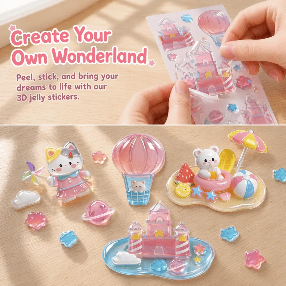 Cartoon Design 3D Crystal Embossed Stickers Handmade Little Bear DIY Stacking Stickers Mini Ornament Kawaii Relief Stickers