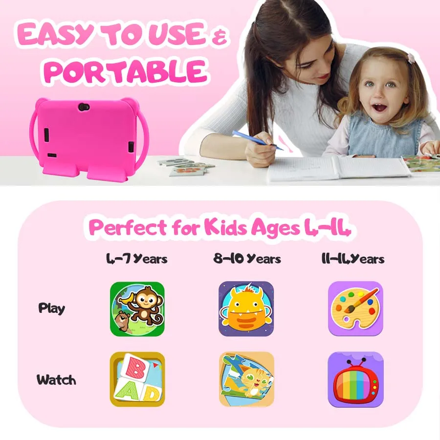 ATMPC 7 inch Android 14 kids Tablet, 4GB RAM+32GB ROM, 2.4G WIFI, BT 4.2, Eye Protection IPS Screen, With Parental Controls