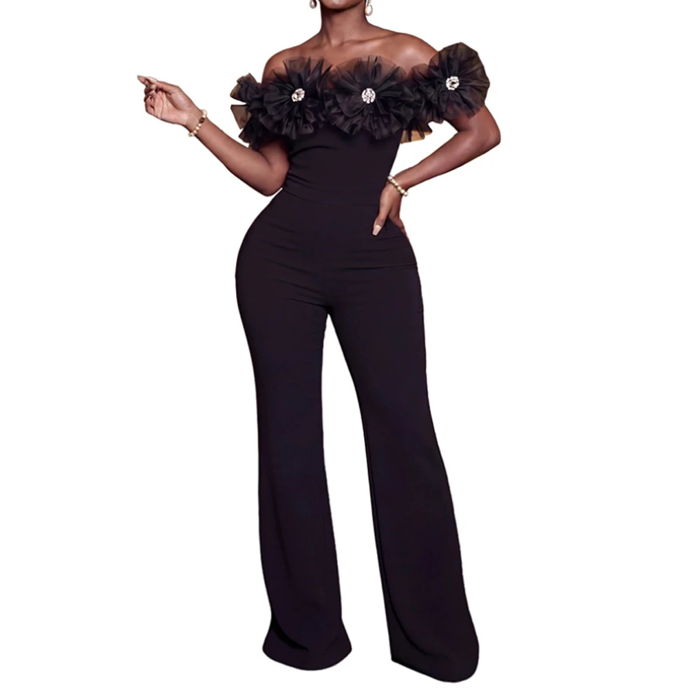 Women Black Off Shoulder Ruffle Jumpsuit Rhinestone Sexy Long Jumpsuit for Nightclub