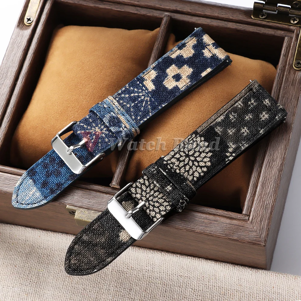New Style Nylon Sailcloth Leather Watch Strap 20mm 22mm Denim Pattern Twist Texture Watchband Irregular Blue Bracelets Accessory