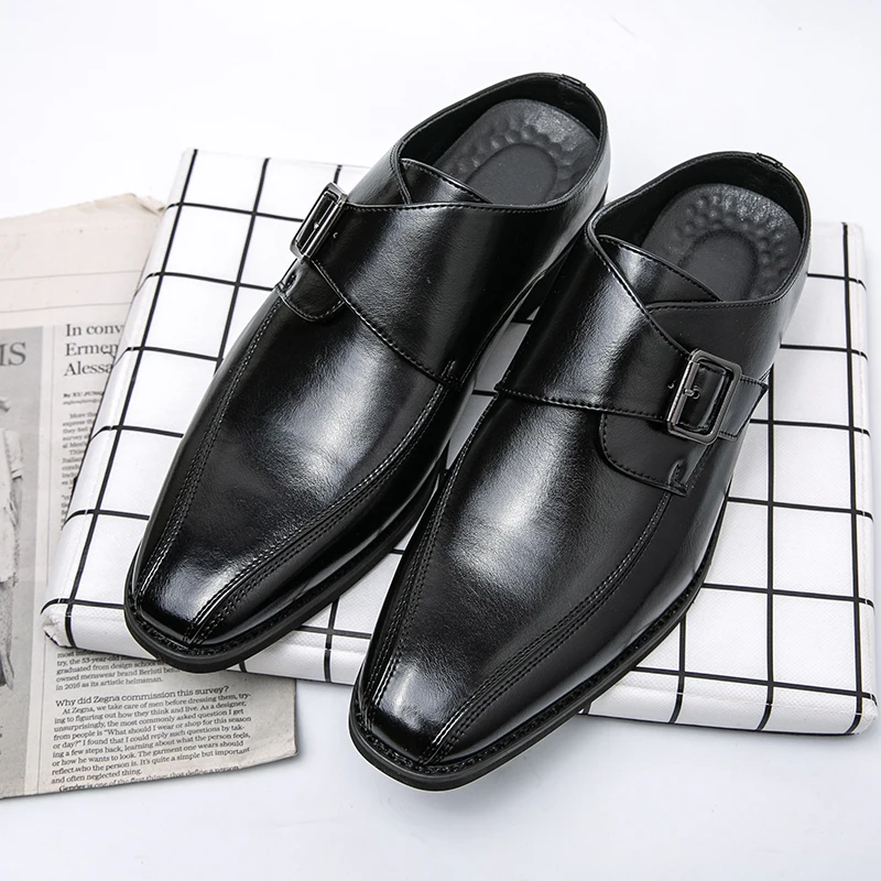 

2024 Flat Leather Shoes Men's Business Shoes Fashion Outdoor Half Slipers Summer Causal Loafers Male lip-On Leisure Monk Shoes