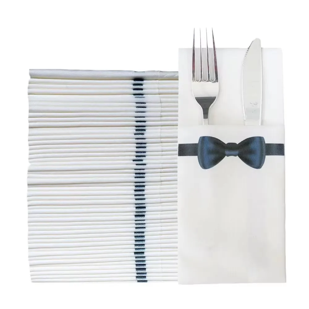 50PCS Wedding Tie-Bow Paper Napkins 40*40CM Disposable Prefolded Cloth Like Napkins with Built-in Flatware Pocket For Wedding