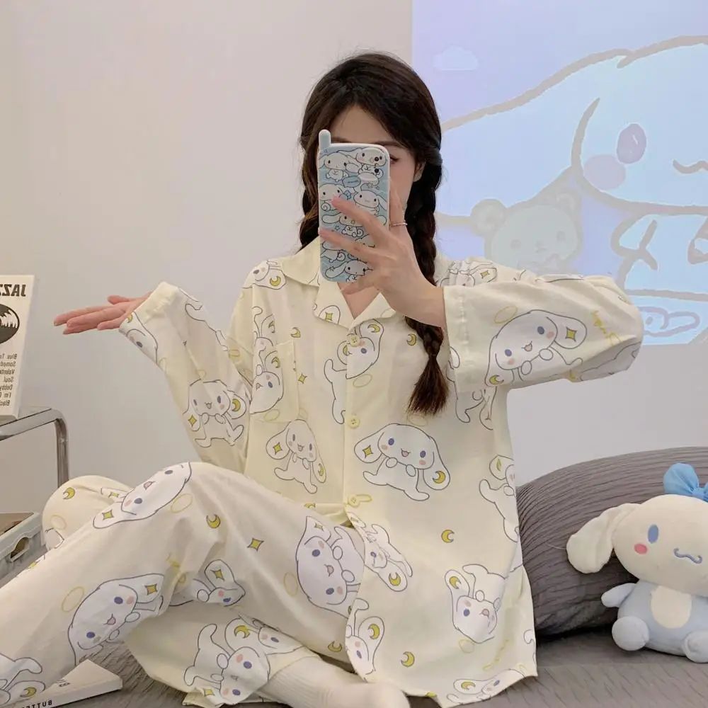 Kawaii Spring Cinnamoroll Nightwear Women Sanrios Cartoon Cotton Pajamas Set Long Tops Pants Anime Girls Student Cute Homewear