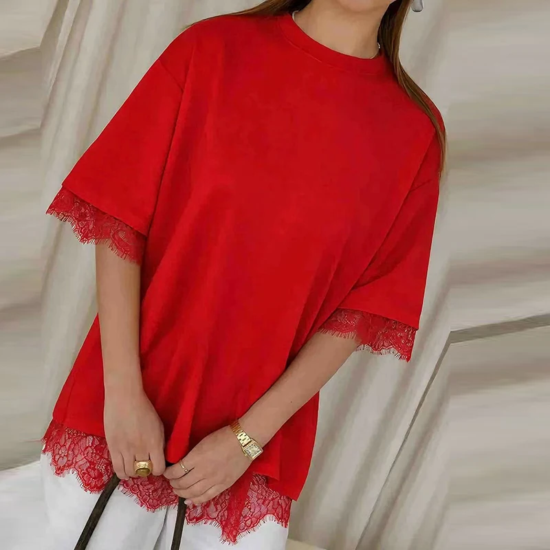 Summer Short Sleeve Back Perspective Casual Top Simple Office Lady Fashion Blouses Lace Design O Neck Daily Loose Fit T-shirt