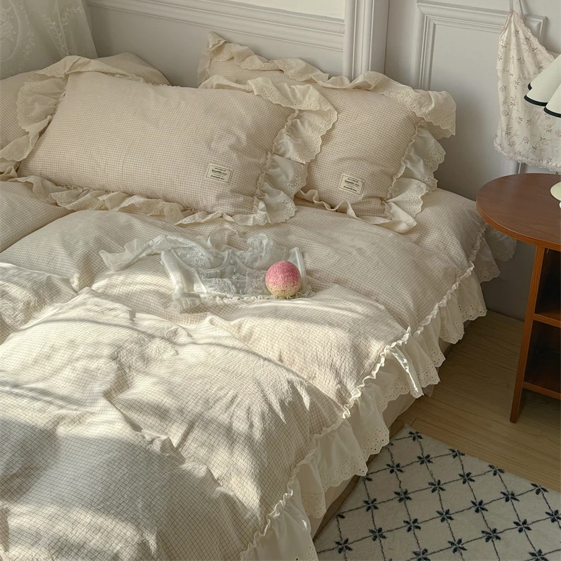 

Комплект постельного белья из чистого хлопка в клетку в корейском стиле, из стираного хлопка, четыре предмета: простыня, пододеяльник, покрывало для общежития