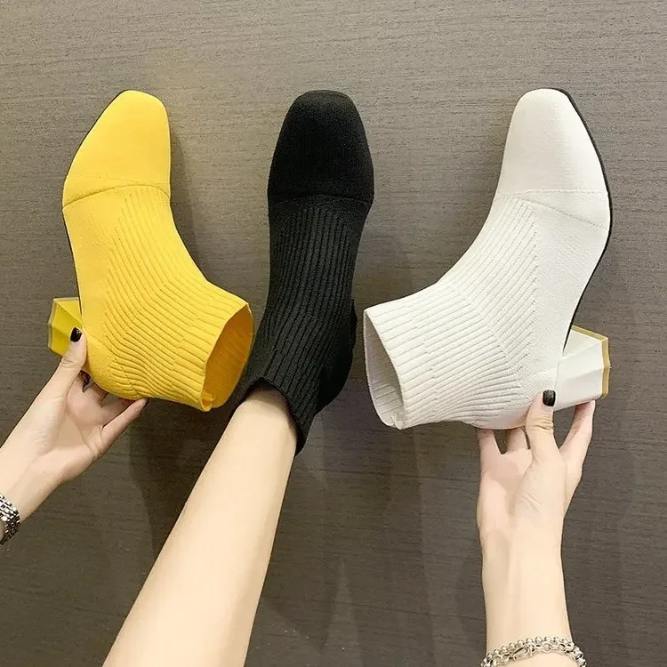 Stretch  Sock Boots For Women Shoes Square Heel Yellow Knitting shoes Elastic Cottton Boots Lady Footwear