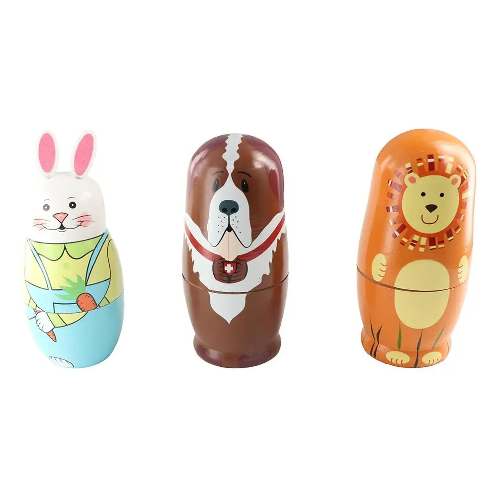 5Pcs Cute Wooden Cartoon Animal Russian Nesting Dolls Toys for Children Kid Gift Home Decor Hand Painted Crafted Doll Home Decor