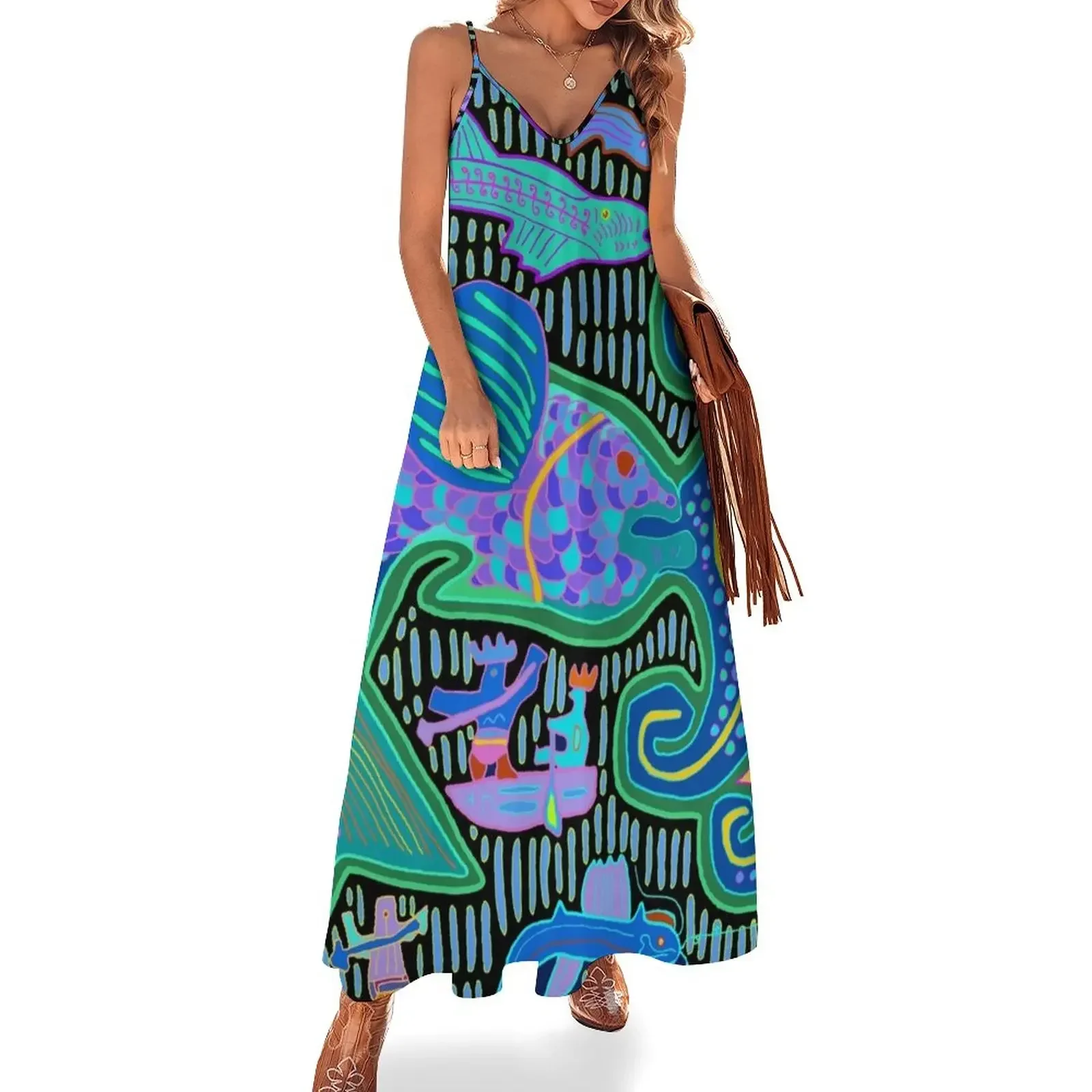 

Kuna Indian Octopus and Fishermen Sleeveless Dress summer woman dress 2024 women's evening dress 2024