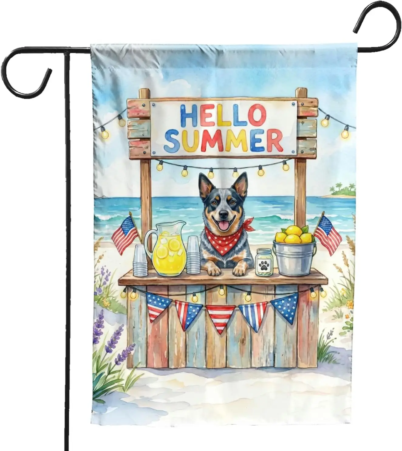 Australian Cattle Dog at patriotic Hello Summer beach lemonade stand Garden Flag 12x18in Double Sided Heeler Lover Gifts Out kkz
