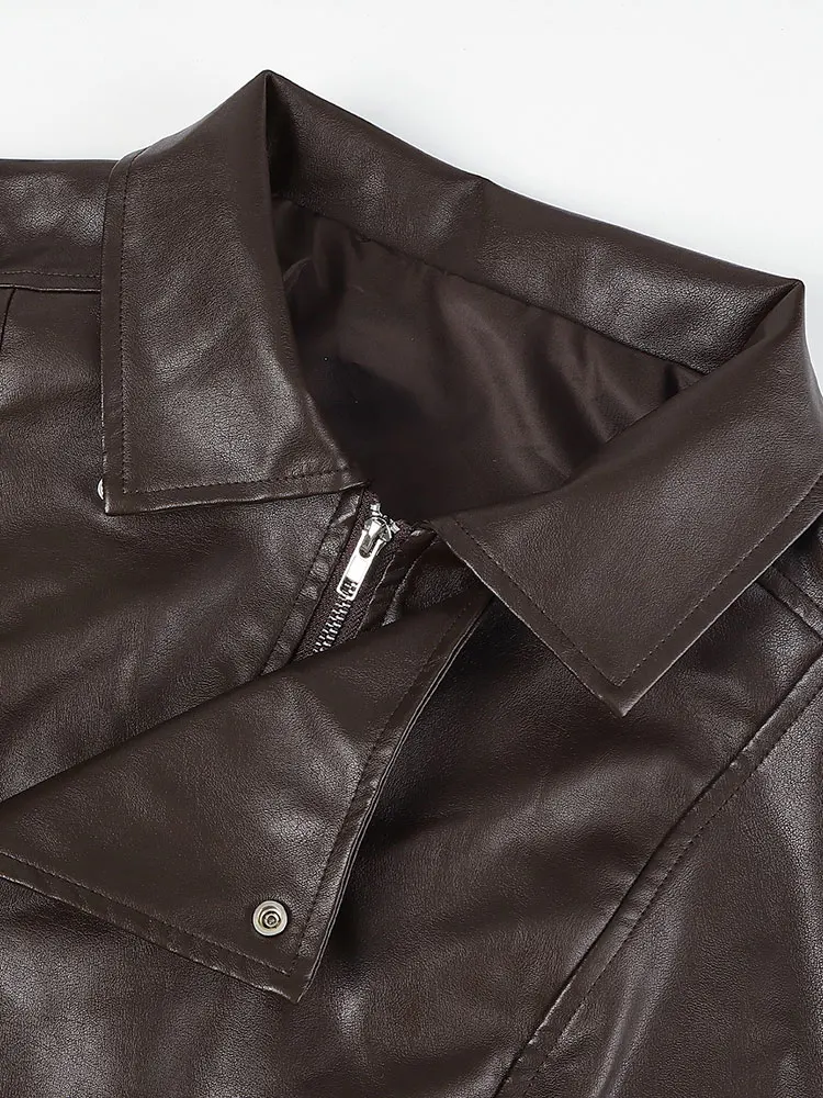 Nieuwe bruine oversized kunstleer dames winterjas met kraag en ritsjas Vintage Koreaanse populaire dameskleding bovenkleding top