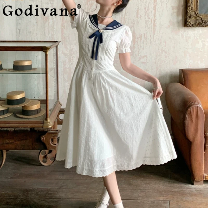 

2026 Spring Summer Temperament Sweet Women College Navy Collar White Dress Fashion High Waist A-line Versatile Long Dresses