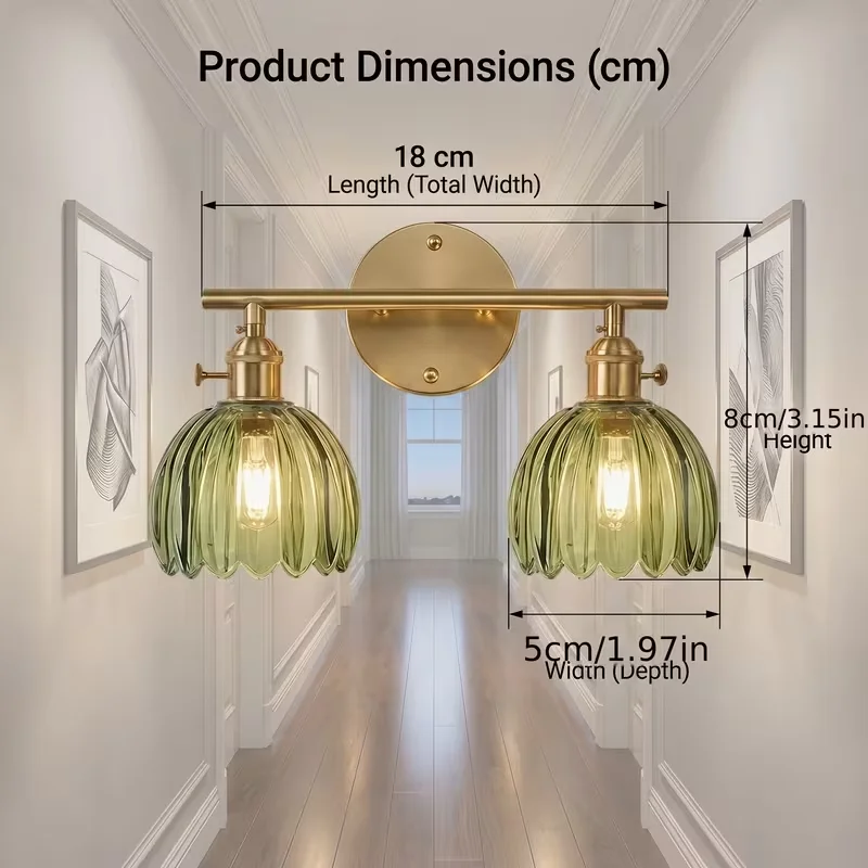 Green 2-Light Wall Sconce with Fluted Glass Shades Antique Brass Finish Solid Stable Base Modern Bathroom Vanity Light Fixture Brushed Brass Wall Lamp for Mirror Bedroom Hallway Living Room