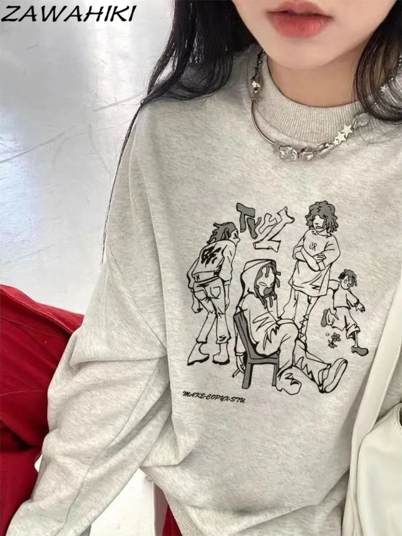 Zawahiki Sweatshirt Frauen japanische süße Brief Cartoon Print Mode lose alle passen lässig niedlichen O-Ausschnitt Streetwear Chic Tops