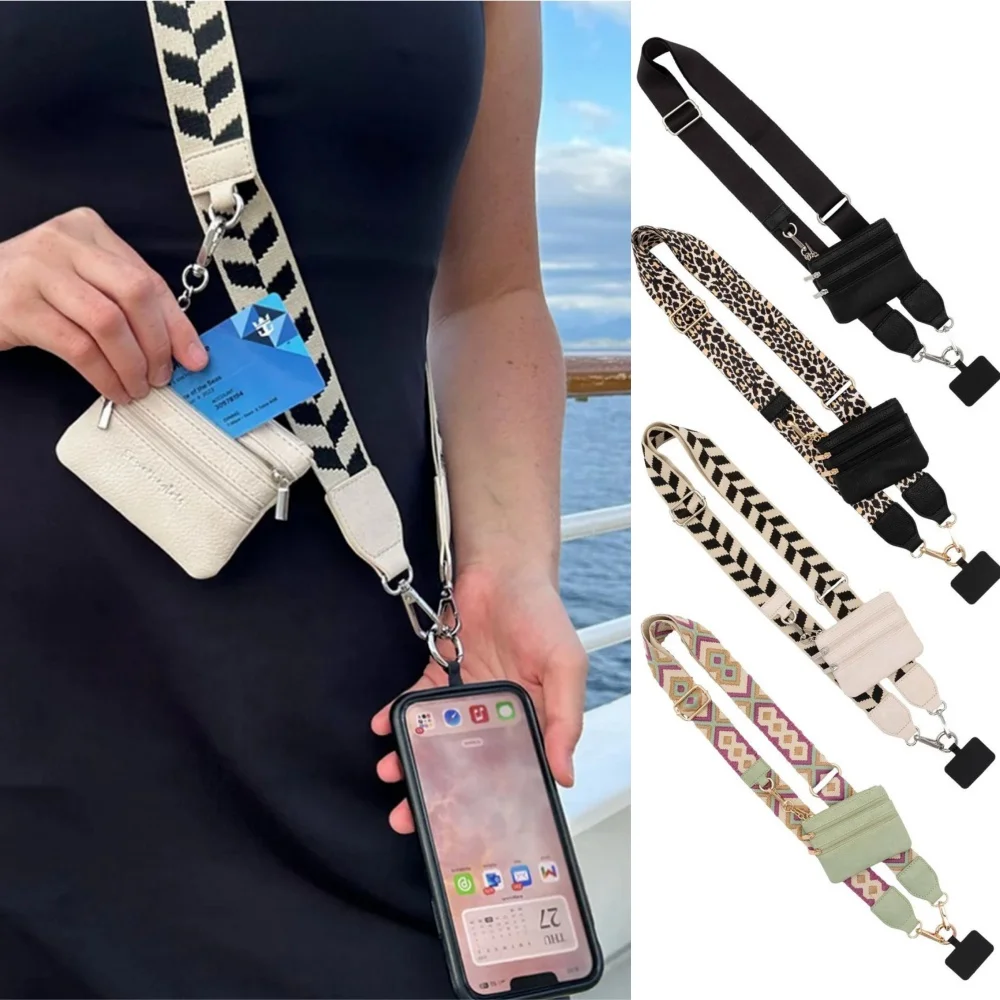 Adjustable Mobile Phone Crossbody Lanyard Hanging Neck Cord Clip With Zippered Card Wallet Long Strap Phone Anti-lost Lanyard