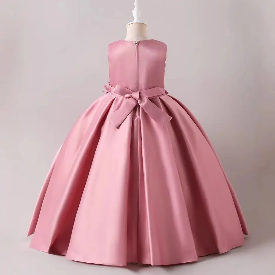 Children Girls Flower Embroidery Sequins Satin Dress For Teenagers Eid Masquerade Wedding Birthday Party Pageant Maxi Gown