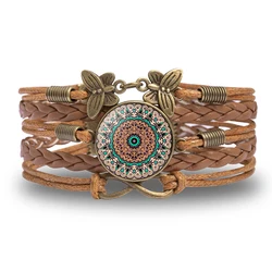 Vintage Mandala Flower Glass Dome Wrap Bracelet Brown Multilayer Woven Leather Bracelets For Women