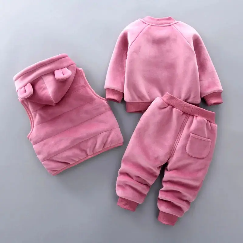 Korean version new plush and thick winter long sleeved set cartoon casual baby boy clothing double-sided plush baby clothing3PS