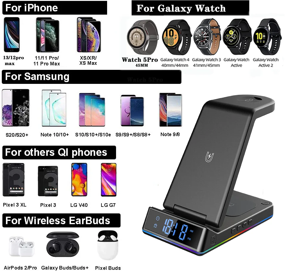 Wireless Fast Charging Station, Charger Stand, Samsung S24 S23 Ultra, S22, S21, S20, Galaxy 6,5, 4, 3 Active 2