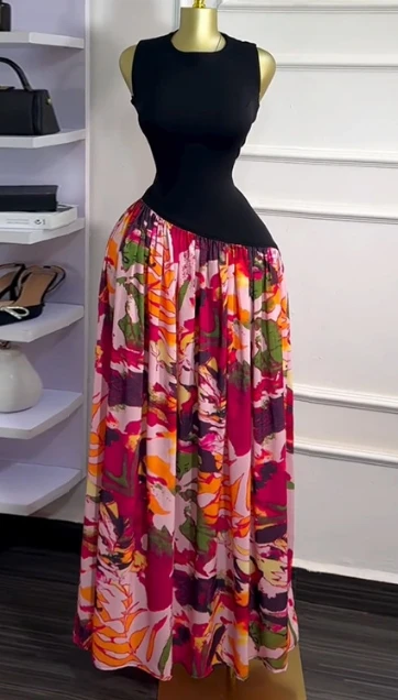 

2025 Summer New Sweet and Fresh Printed Round Neck Sleeveless High Waist Slimming A-line Skirt Long Dress