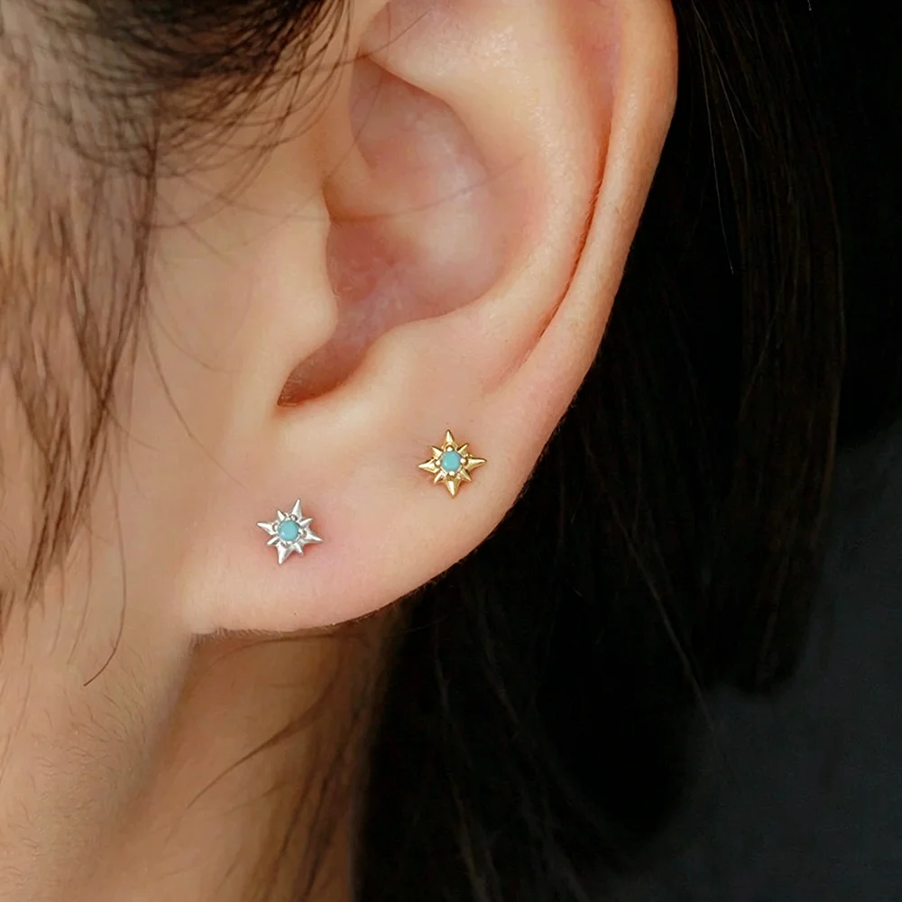 2PCS Stainless Steel Mini Blue Star Zircon Stud Earrings For Women Spiral Bead Earring Hypoallergenic Party Delicate Jewelry