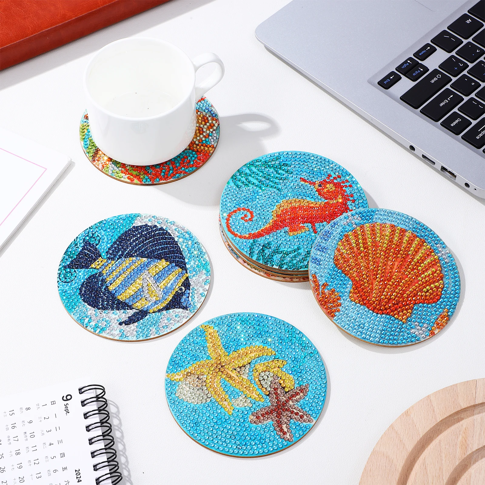 

8 Pieces Marine Life Diamond Coaster DIY Set Cup Mat Dots Adults Heat Insulation Coasters Kit Round Table Drink Pads Ocean