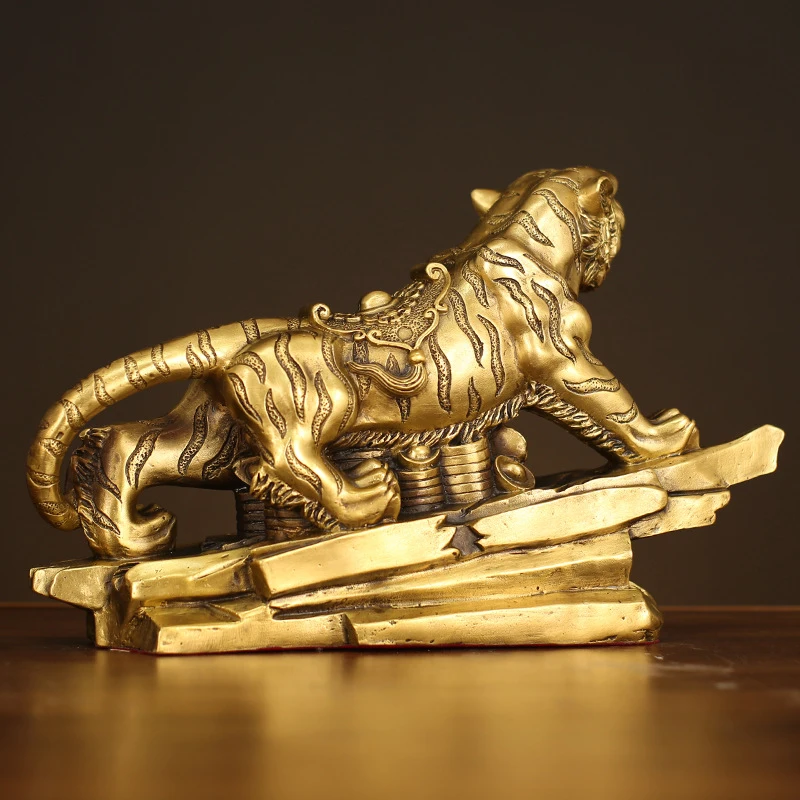 Brass Mountain-Climbing Tiger Roaring In The Mountains And Rivers, Decorative Craft For Office Desk, Home Living Room All-Copper
