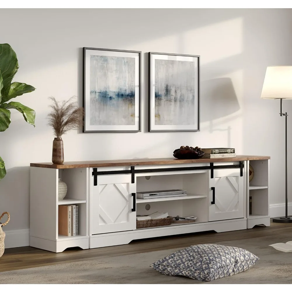 حامل تلفزيون مقاس 85 بوصة من Farmhouse ومجموعة طاولة قهوة مكونة من 2، مركز ترفيه لأجهزة التلفاز حتى 85 بوصة، طاولة قهوة خشبية مربعة مقاس 30 بوصة