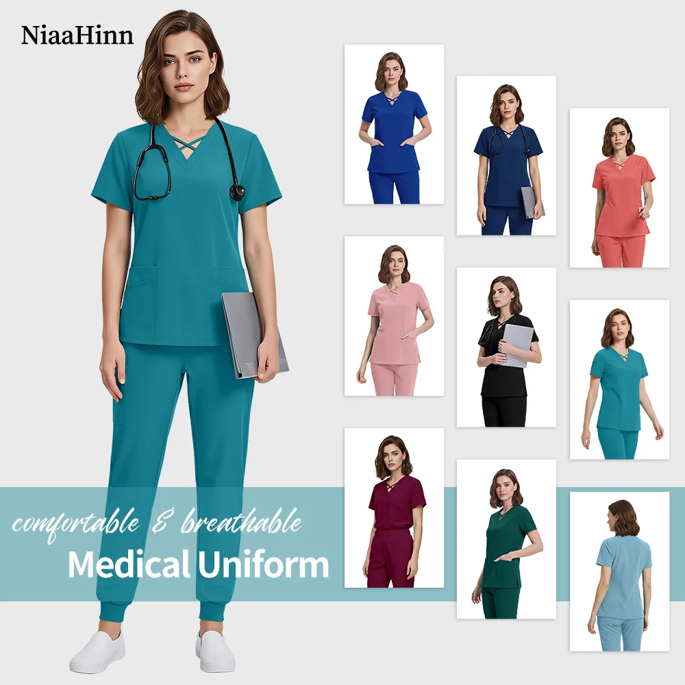 Niaahinn Elastic Scrub Set Operating Room Surgical Uniform Pet Veterinary Uniforms V-neck Short Sleeve Tops Pants Suit Wholesale