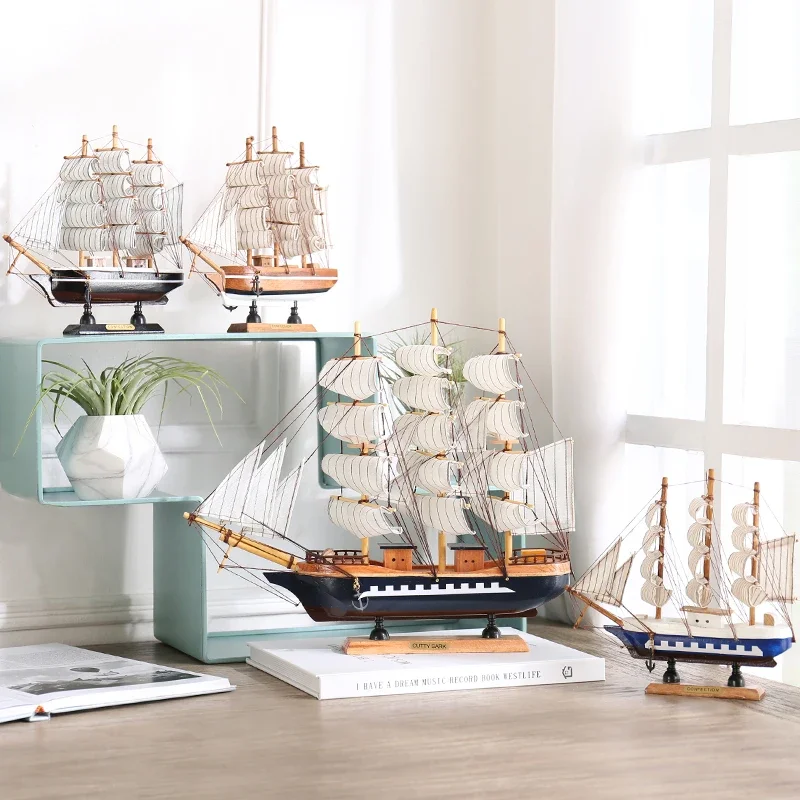 Artistic Mediterranean Wooden Sailboat Model Ornaments Handmade Solid Wood Simulation Craft Home Decoration Retro Ornaments