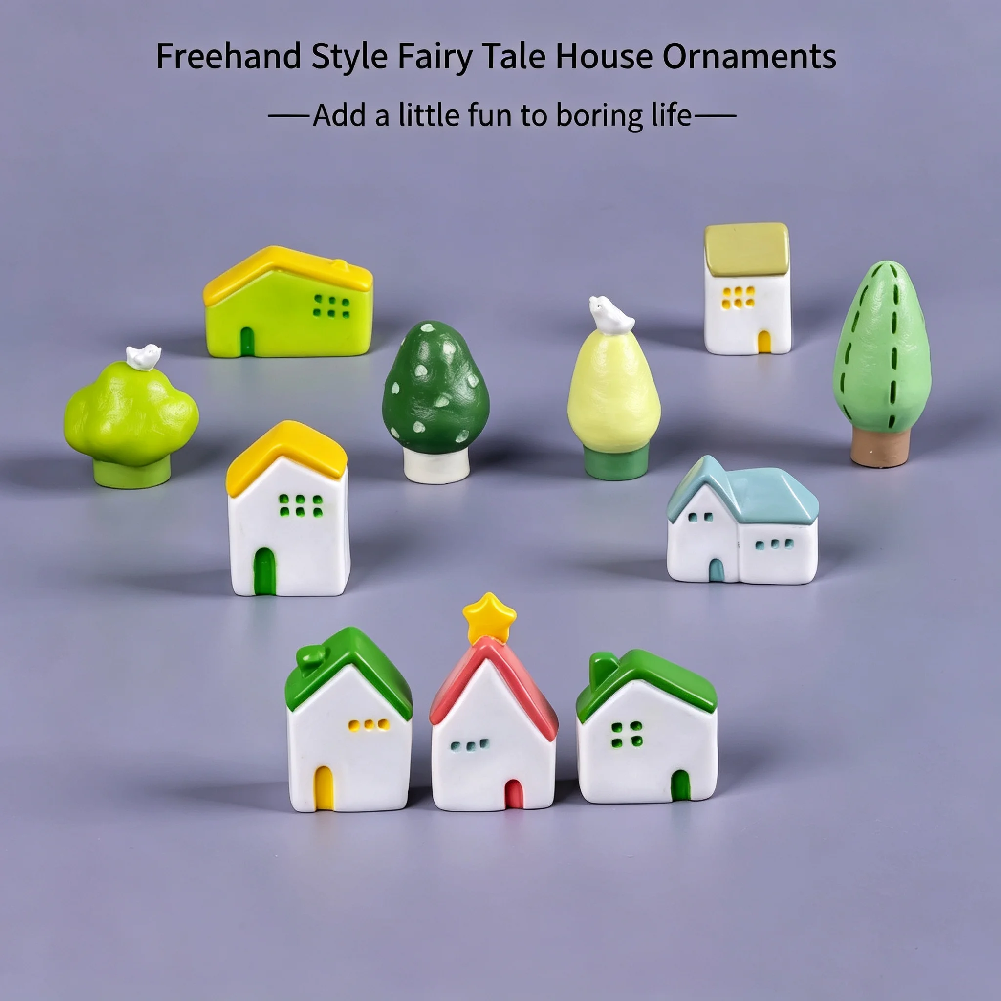 11pcs Freehand Style Fairy Tale House & Tree Resin Figurines - Miniature Garden Decor for Moss Terrariums & Desktop
