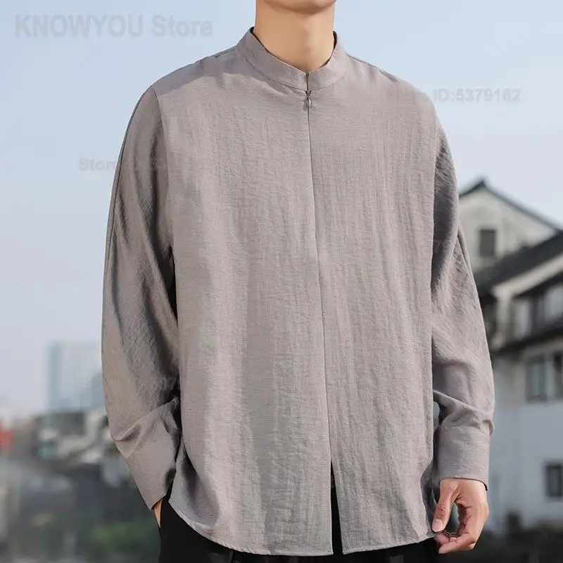 Men Spring Autumn Cotton Linen Top Mandarin Collar Modified Hanfu Retro Zen Tea Wear Loose Oriental Casual Layering Undershirt