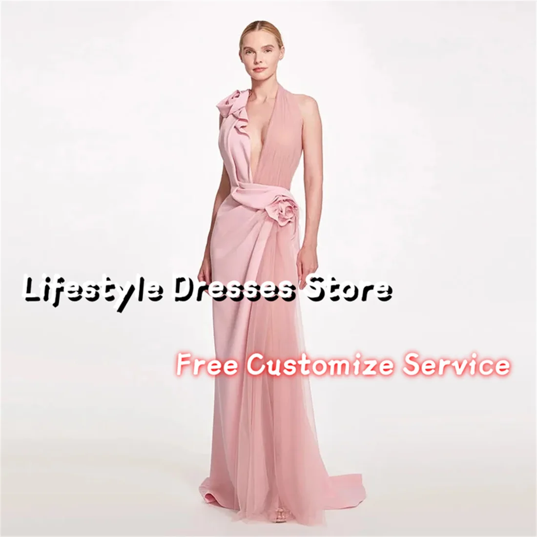 

Sexy Pink Halter Evening Dresses V-Neck Backless Ruffled Prom Dress Dresses for Special Events 2024 Mermaid Holiday Dress