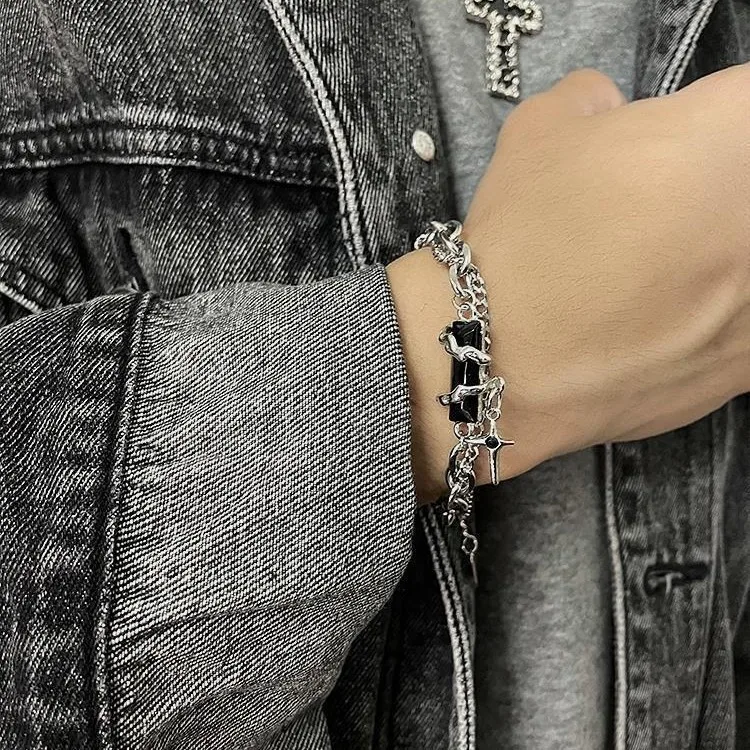 Retro Flame Cross Bracelet For Men Woman Hip Hop Titanium Steel Splice Chain Charm Unisex Jewelry Cool Kpop Luxury Accessories