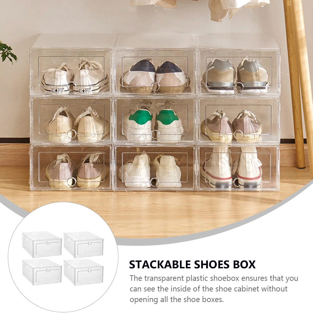 

4Pcs Stackable Transparent Foldable Shoe Organizer Boxes for Closet Home Entryway Sneaker Storage Display Case