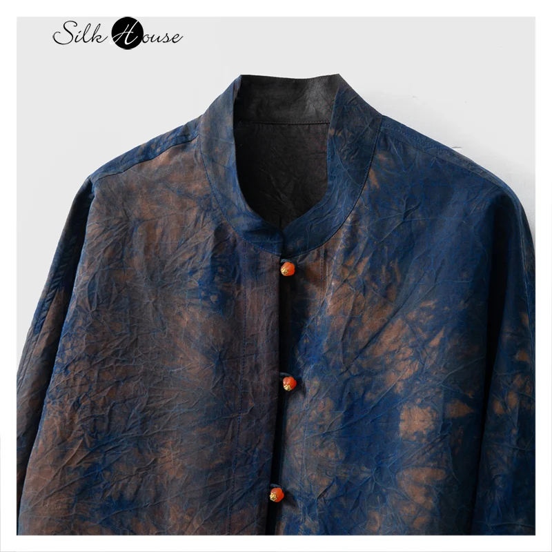 Double Sided Blue Tie Dye 100% Natural Mulberry Silk Fragrant Cloud Yarn New Chinese Style Standing Collar Long Sleeved Jacket
