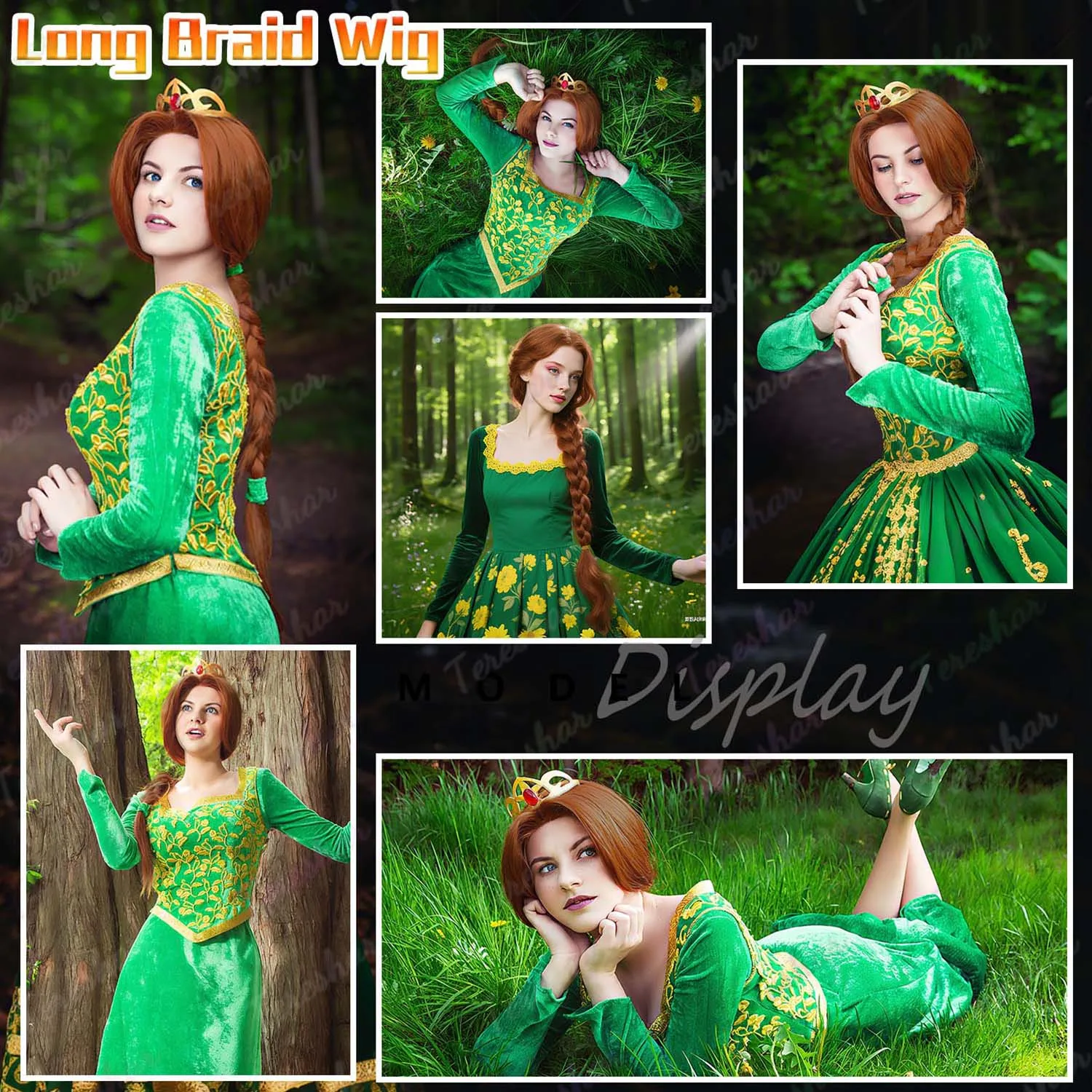 Synthetic Shrek Anime Hair Long Braided Reddish Brown Heat Resistant Costume Wig for Fiona Cosplay Adult Fiona Costume Women