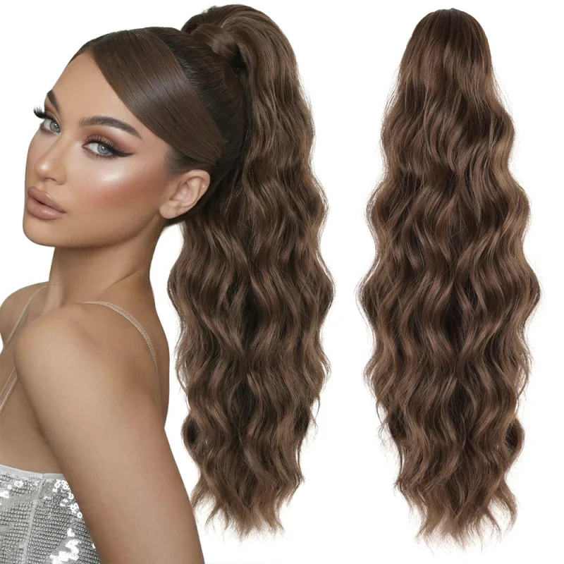 European and American style women's wig with large claw clip, water wave ponytail, deep long curly hair, elegant cloud perm pony