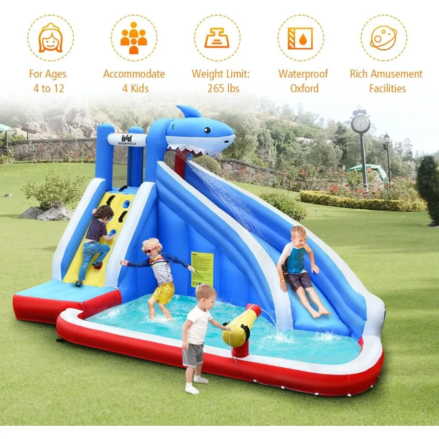 Opblaasbare waterglijbaan, opblaasbaar springhuis met haaienthema met lange glijbaan, draagtas, groot splashzwembad, klimmuur, water Gu