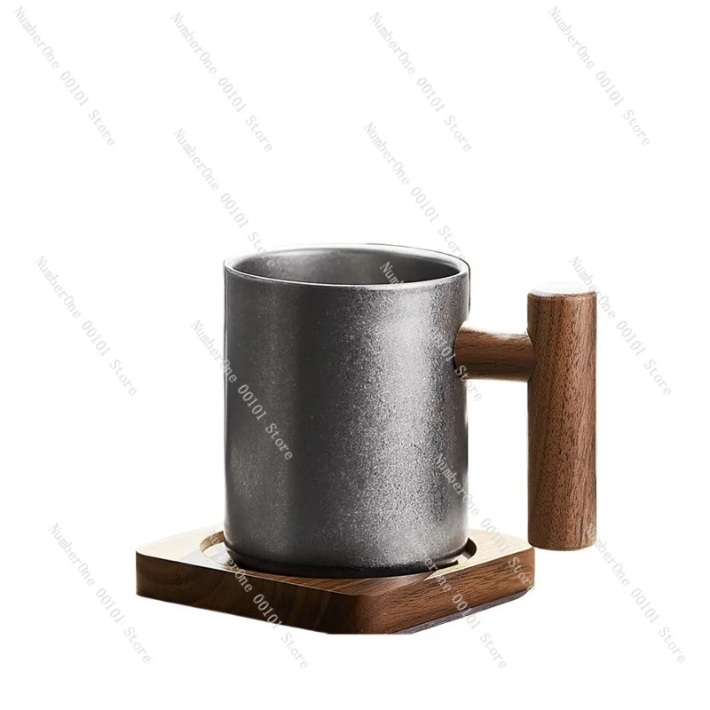 Wooden Sheng Playthings, Retro Silver Coffee Cup, Cold Insulation Mug, Office Double-Layer Stainless Steel Water Cup, Stylish