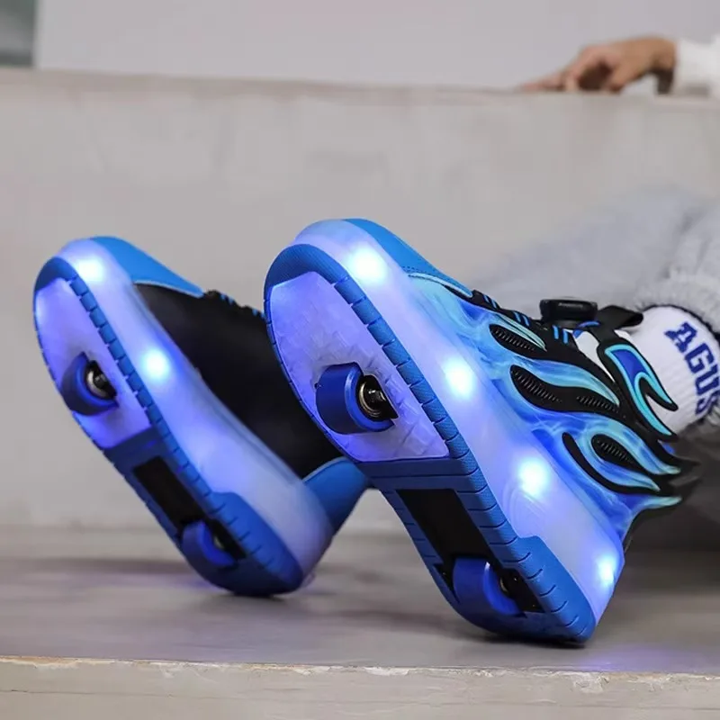 롤러 스니커즈 키즈 스포츠 짐 신발 롤러 스케이트 4륜 USB 충전 발광 신발 남아 여아 캐주얼 스케이트보드 신발